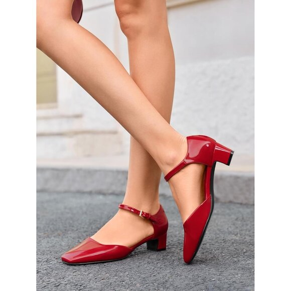 Women's Chunky Red Heels Ankle Strap Square Toe Dress Pumps Work Party Shoes - Picture 2 of 5